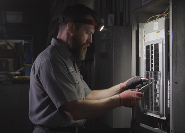 Technician performing a zero-downtime installation of a harmonic filter on a commercial electrical panel.